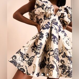 ASOS LUXE floral jacquard bubble plunge dress in blue and gold floral print